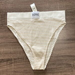 NWT - Aerie High Waisted High Leg Bikini Panties - Ivory/Khaki Striped - XL